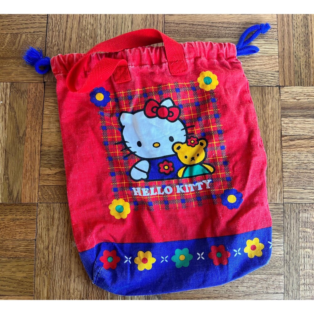 Vintage 1995 Hello Kitty Red Plaid Drawstring Bag - Handles - Authentic Sanrio -
